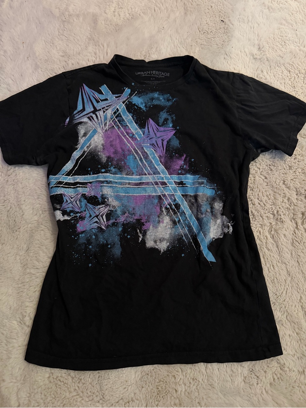 Urban Heritage Black Tee with Blue & Purple Star Graphic